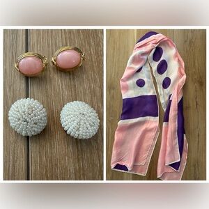 Vintage Rectangular Scarf with Vintage Clip On Earrings